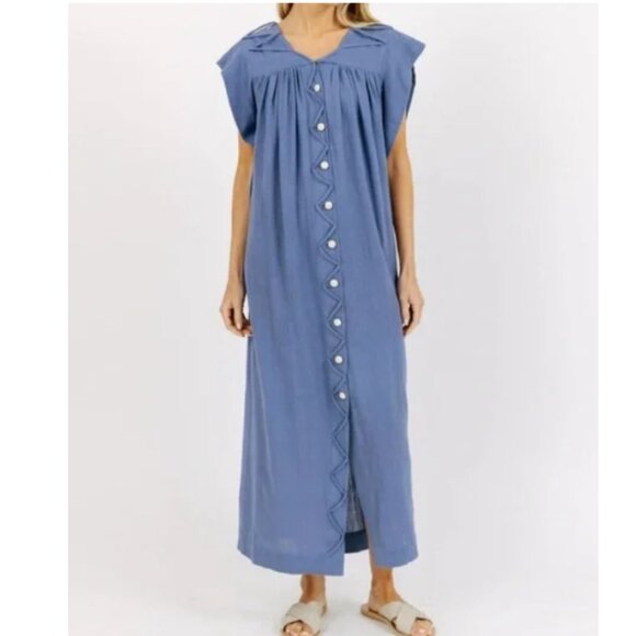 Mirth Blue Cotton Sleeveless Button Front Midi Dress Size M - Picture 1 of 9